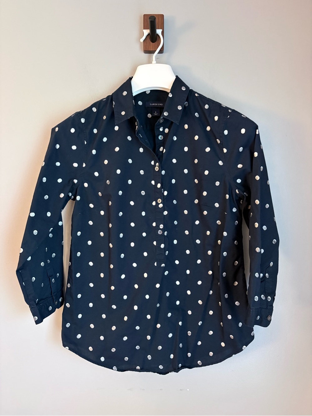 Lands' End Navy Blue & Silver Metallic Polka Dot Popover Shirt Size 4